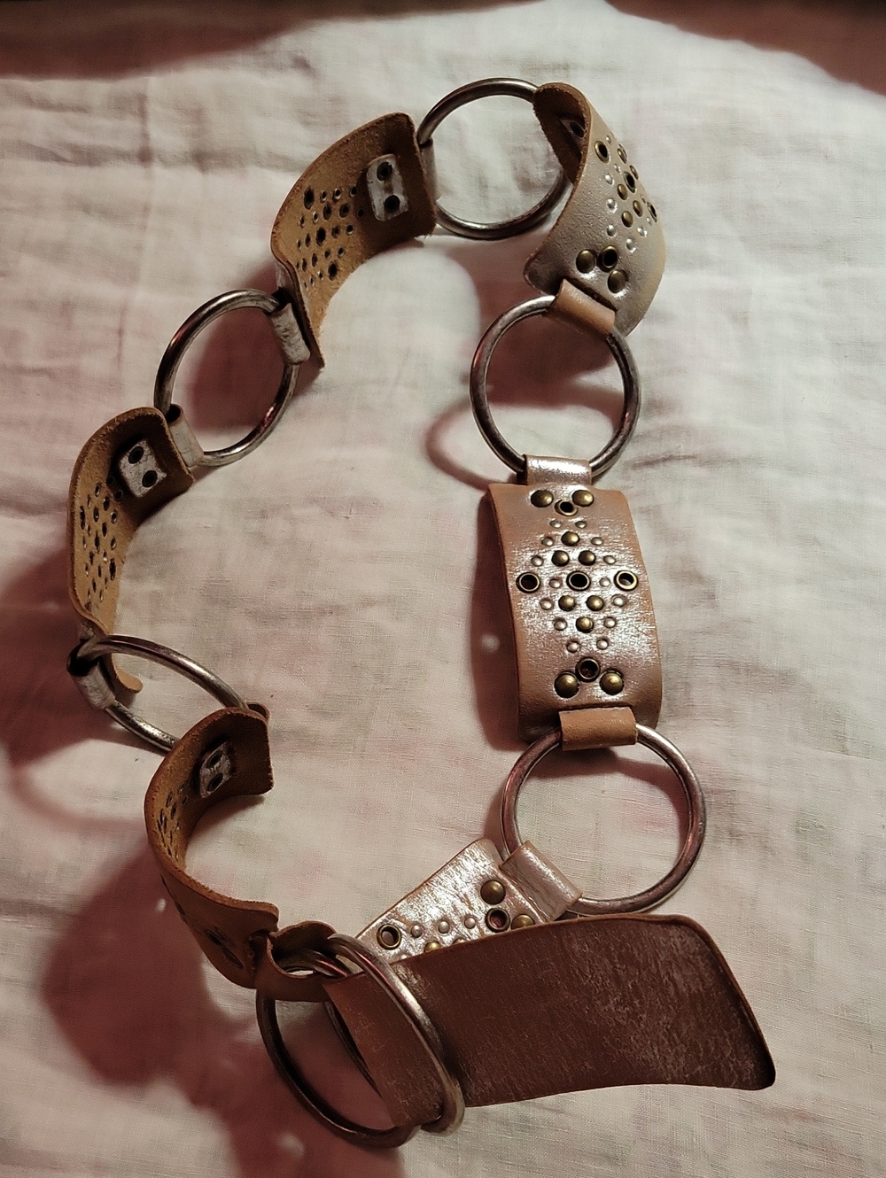 Vintage 1980's Double Ring Bronze Tan Leather Studded Belt